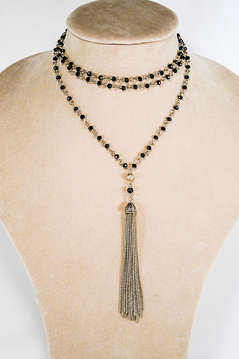 Long Beaded Chain Necklace with Beaded Tassel, a fashion accessorie - Evening Elegance