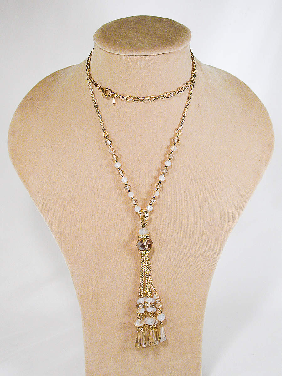 Long Champagne Crystal Beaded Tassel Necklace & Earrings Set, a fashion accessorie - Evening Elegance