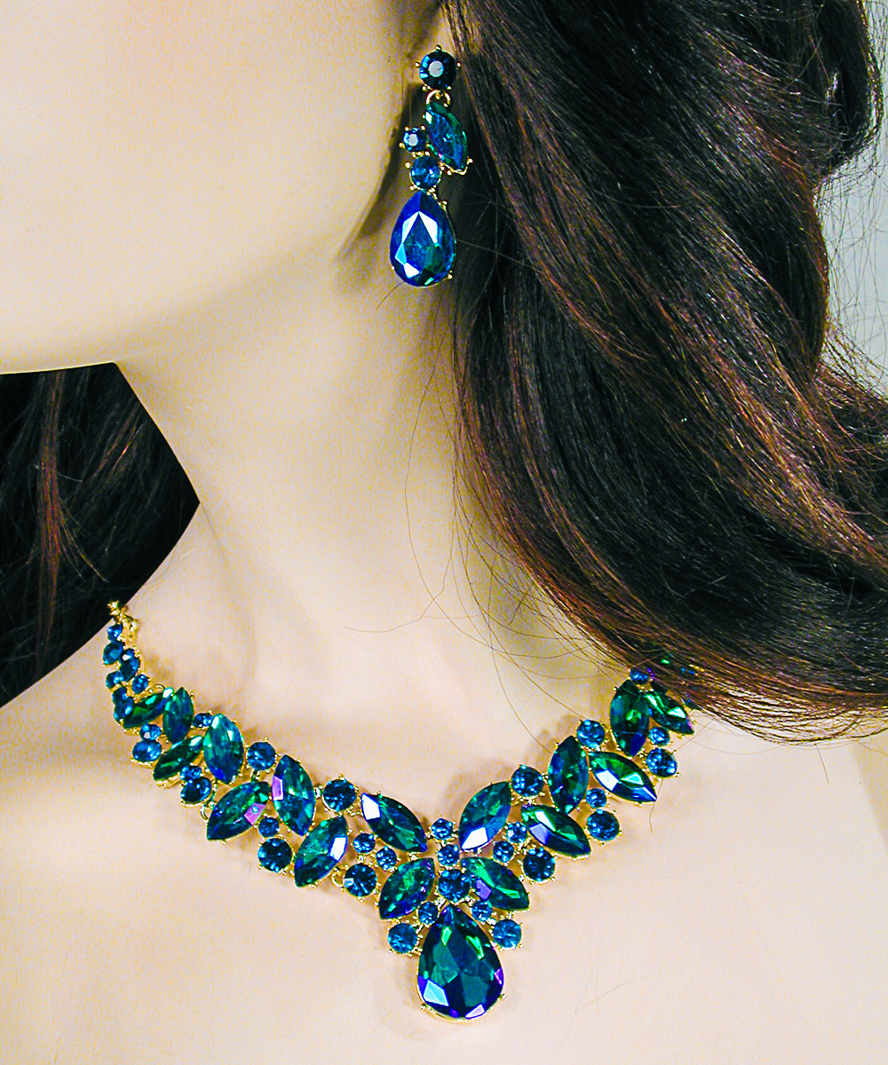 Multi Hue Large Crytal Rhinestone Bib Necklace & Earrings Set, a fashion accessorie - Evening Elegance