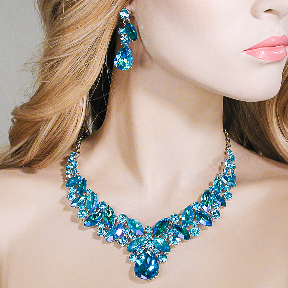 Multi Hue Large Crytal Rhinestone Bib Necklace & Earrings Set, a fashion accessorie - Evening Elegance