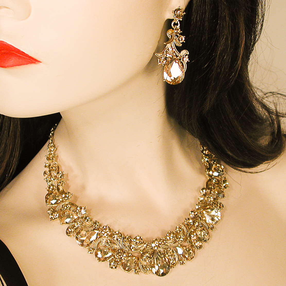 Champagne Bib Necklace and Earring Set, a fashion accessorie - Evening Elegance