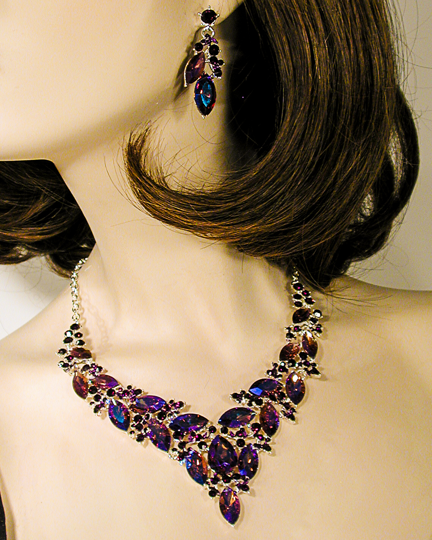 Iridescent Large Crytal Rhinestone Bib Necklace & Earrings Set, a fashion accessorie - Evening Elegance