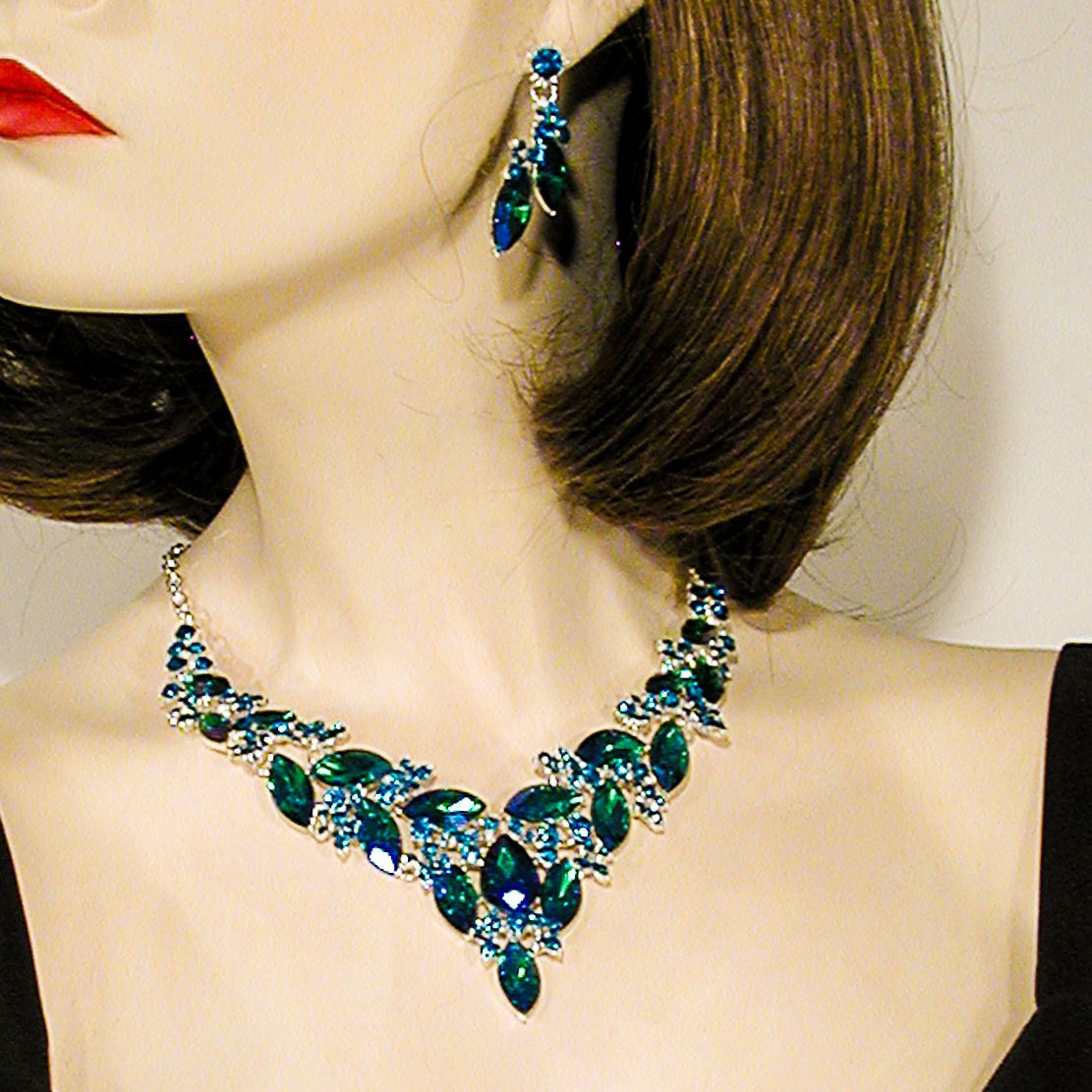 Iridescent Large Crytal Rhinestone Bib Necklace & Earrings Set, a fashion accessorie - Evening Elegance