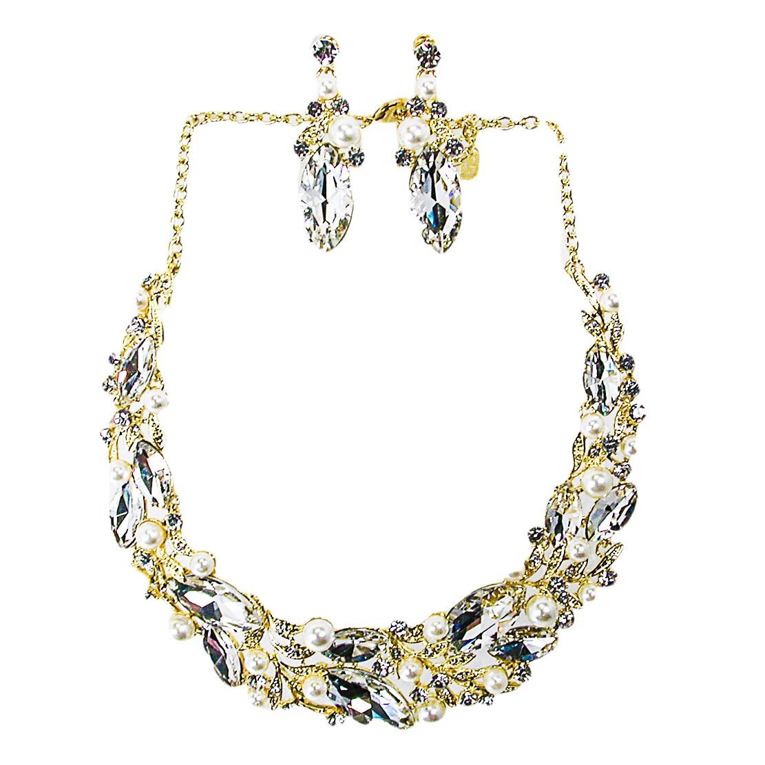 Large Statement Pearl and Rhinestone Bib Necklace Earrings Set, a fashion accessorie - Evening Elegance