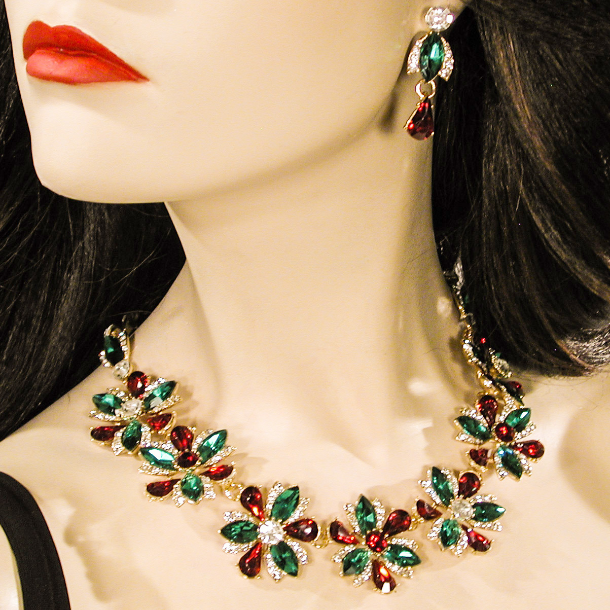 Christmas Large Chrystal Rhinestone Necklace Earrings Set, a fashion accessorie - Evening Elegance