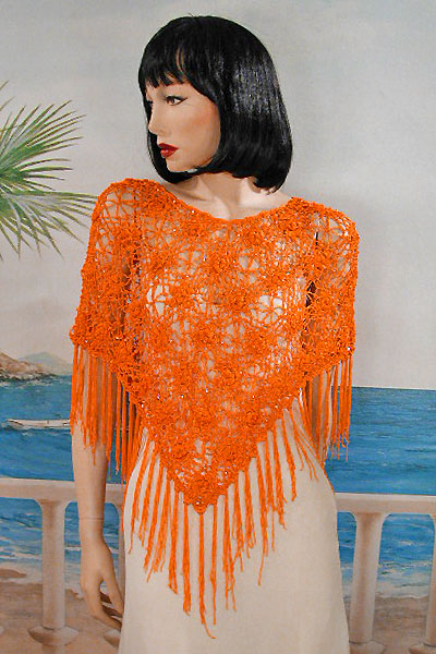 Crocheted Beaded Poncho in a Floral Design with Long Fringe