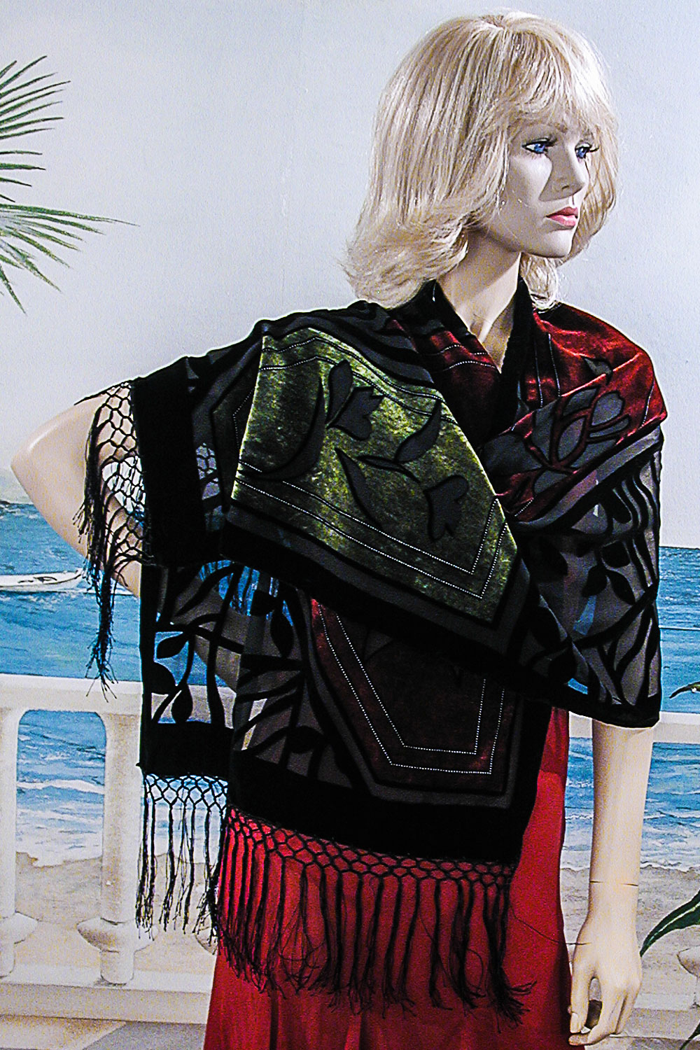 Burnout Velvet Shawl with Flower and Leaf Panes, a fashion accessorie - Evening Elegance