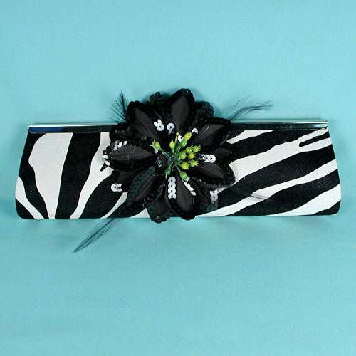 Zebra Clutch Evening Bag with Large Black Flower, a fashion accessorie - Evening Elegance