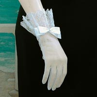Sheer Wrist Length Gloves, Lace Ruffle, Satin Bow