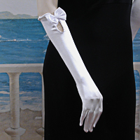Long Satin Gloves with Bow, Ruffled Edge and Pearls