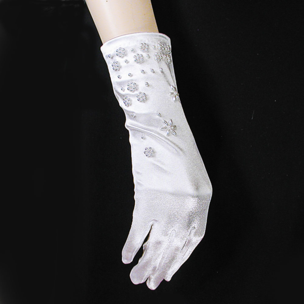 Wrist Length Satin Beaded Gloves with Pearl Stars and Clusters