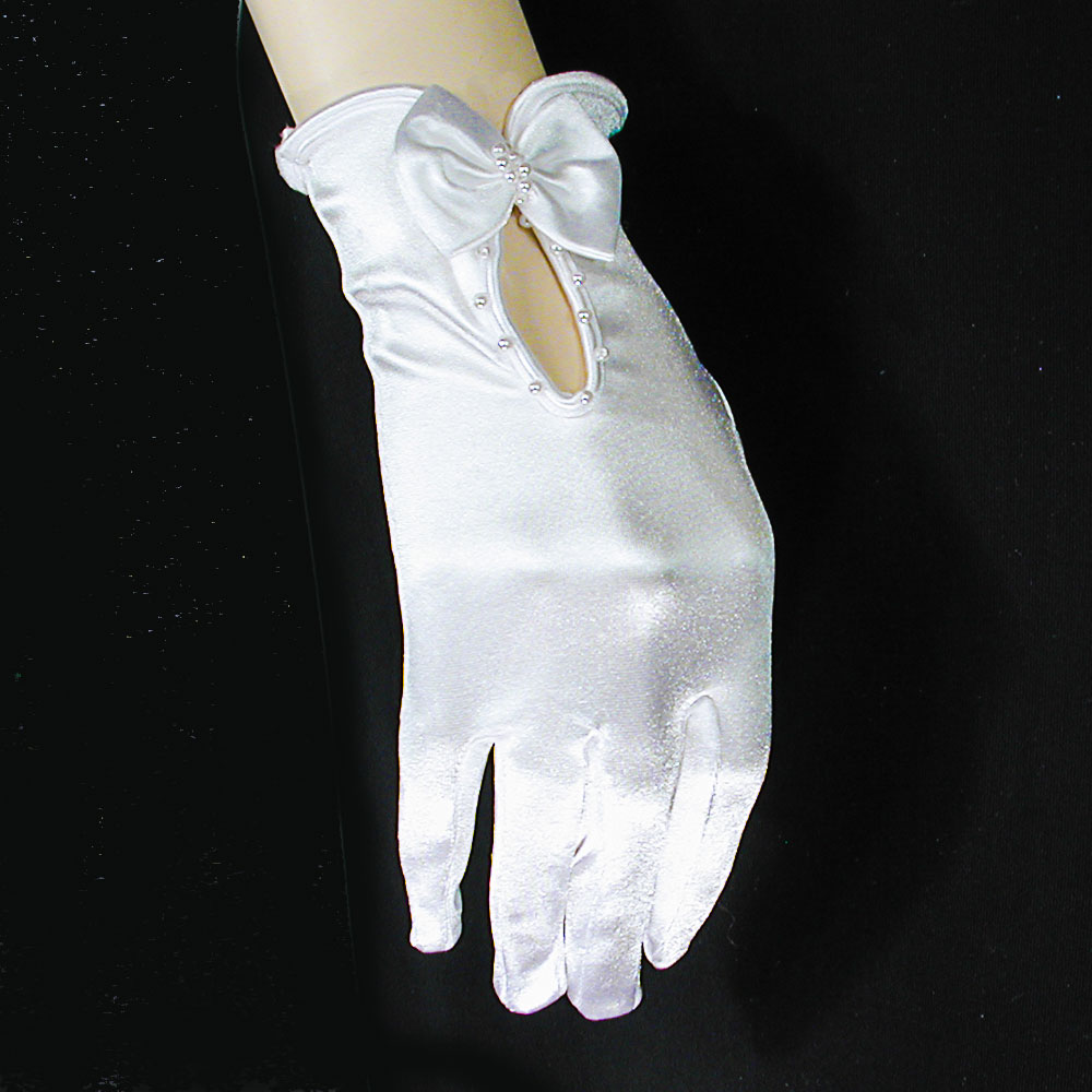 Wrist Length Satin Beaded Gloves with Keyhold and Bow
