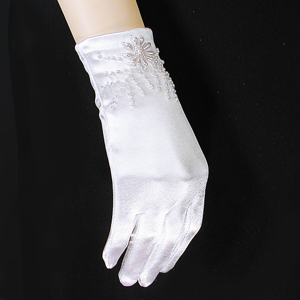 Wrist Length Satin Beaded Gloves with Flower and Leaves