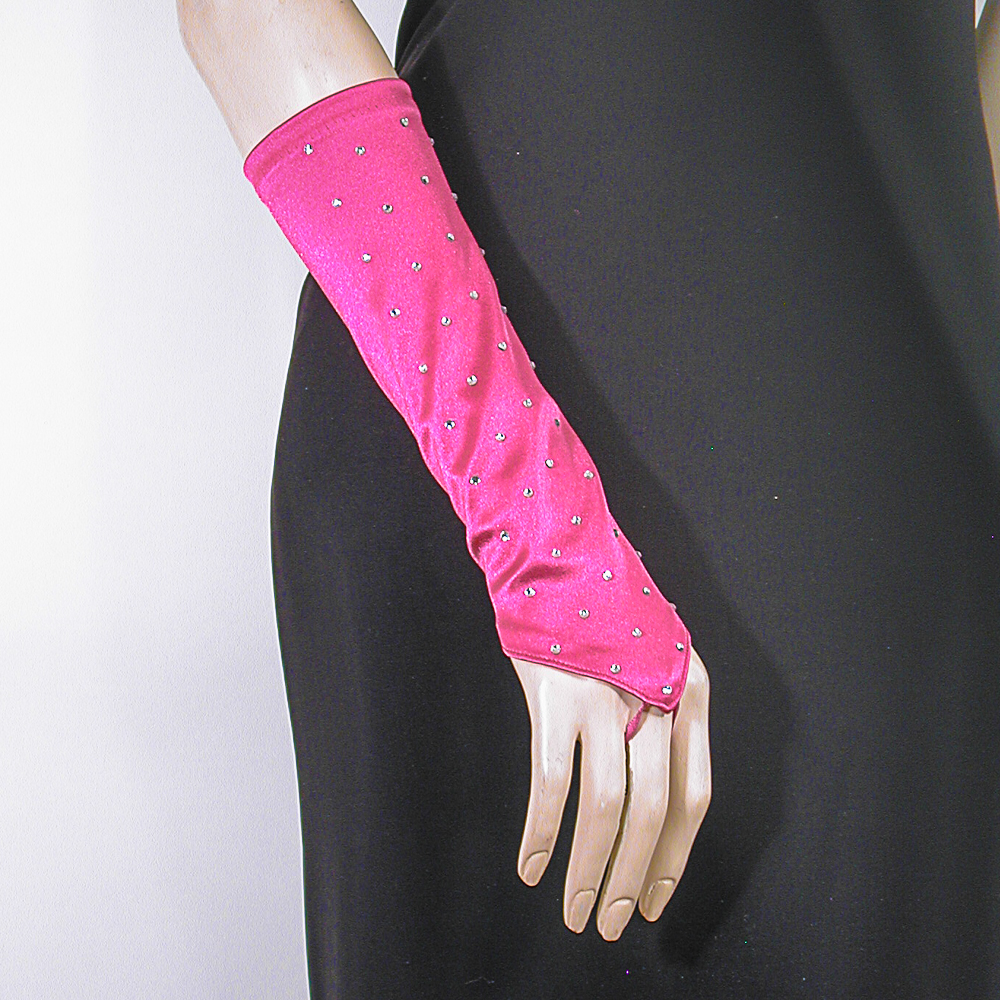 Rhinestone Studded Long Fingerless Satin Stretch Gloves, a fashion accessorie - Evening Elegance