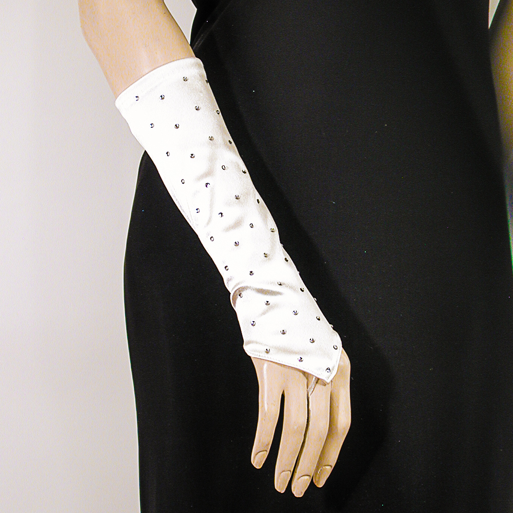 Rhinestone Studded Long Fingerless Satin Stretch Gloves, a fashion accessorie - Evening Elegance