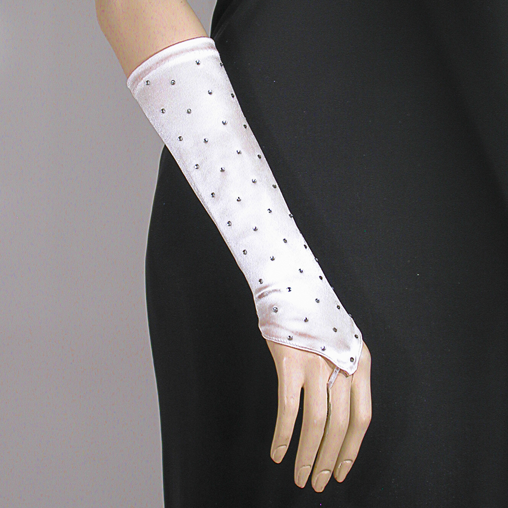 Rhinestone Studded Long Fingerless Satin Stretch Gloves, a fashion accessorie - Evening Elegance