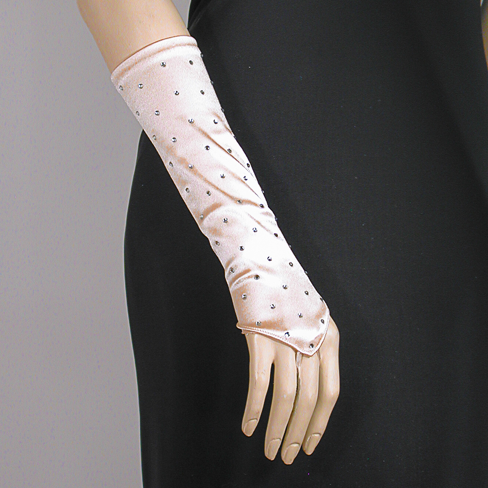 Rhinestone Studded Long Fingerless Satin Stretch Gloves, a fashion accessorie - Evening Elegance