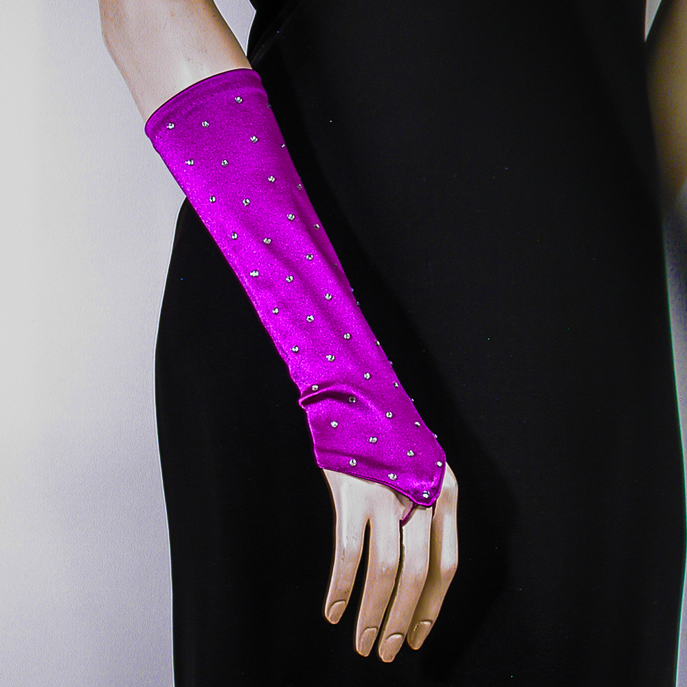 Rhinestone Studded Long Fingerless Satin Stretch Gloves, a fashion accessorie - Evening Elegance