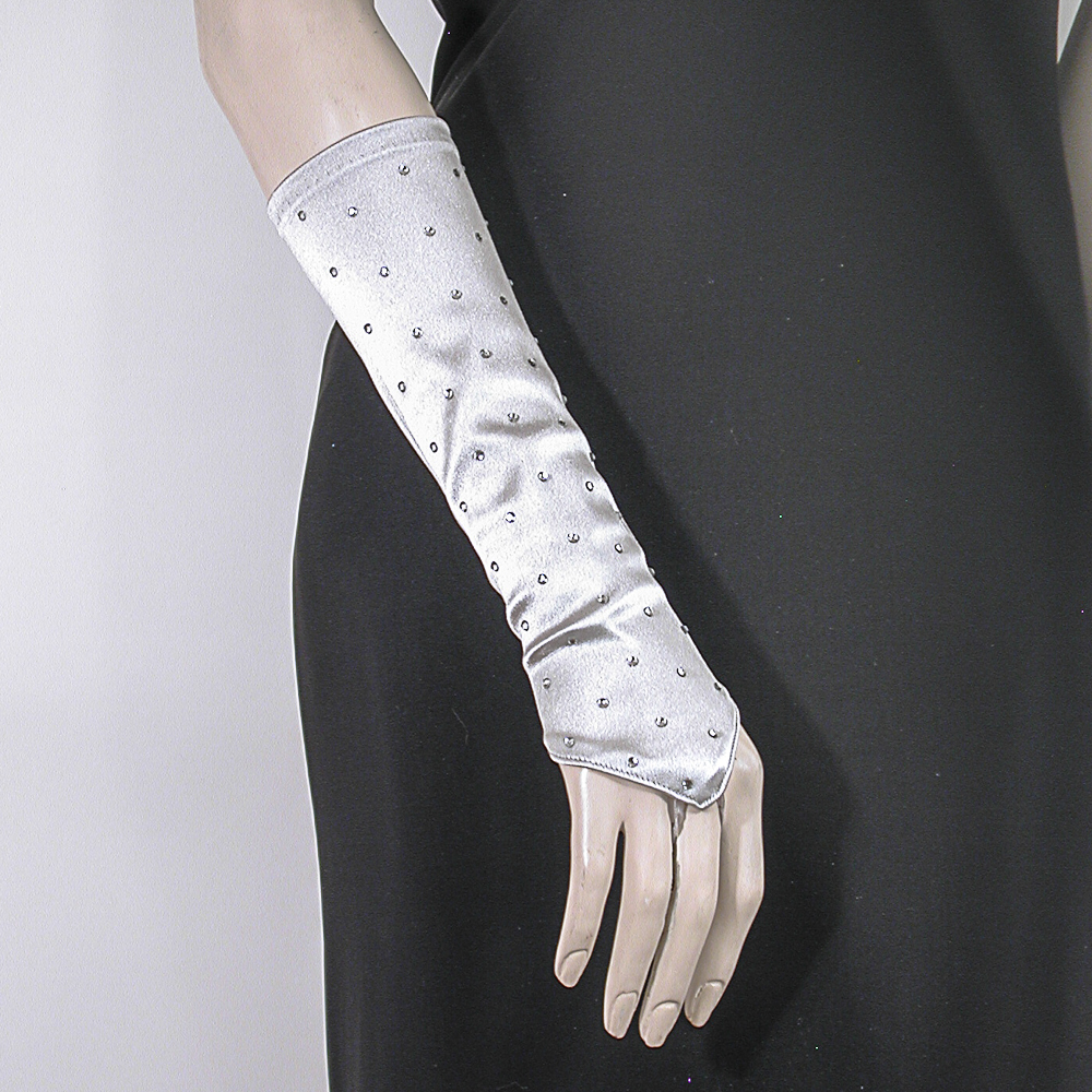 Rhinestone Studded Long Fingerless Satin Stretch Gloves, a fashion accessorie - Evening Elegance