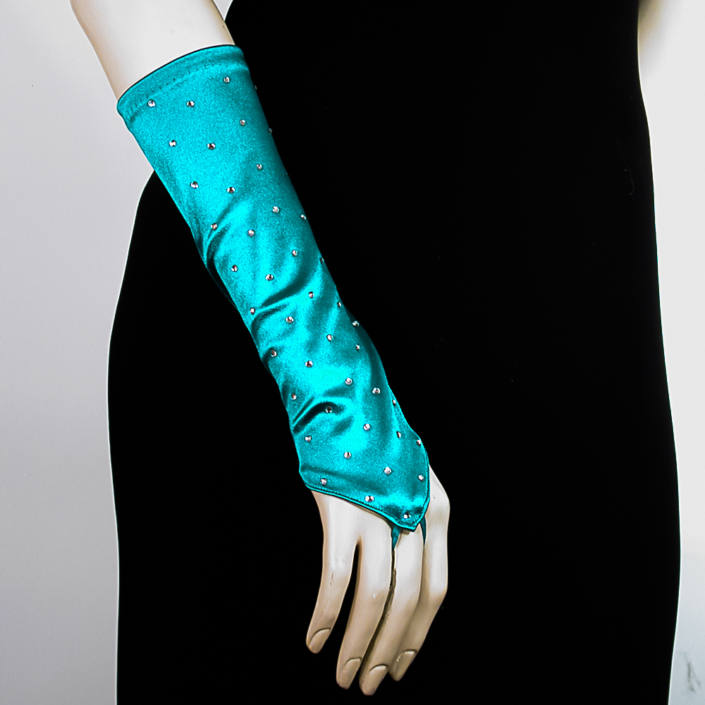 Rhinestone Studded Long Fingerless Satin Stretch Gloves, a fashion accessorie - Evening Elegance