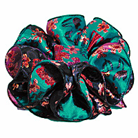 Turquoise Black and Mauve Flower Print Ruffled Hair Bow