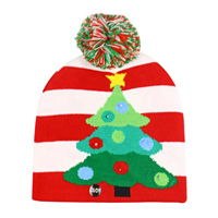 Christmas Tree Lighted Beanie with Red and White Stripes