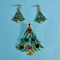Christmas Tree Pin and Earrings Set
