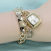 Heart Charm Bracelet Watch with Rhinestone Accents