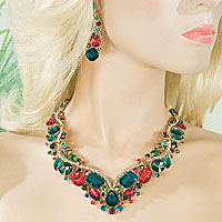 Large Crystal Rhinestone Statement Bib Necklace Solid/Multi Colors