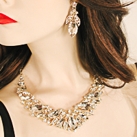 Bib Necklace and Earring Set with Filigree and Large Marquise Rhinestones