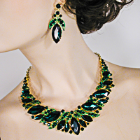 Bib Necklace and Earring Set with Filigree and Large Marquise Rhinestones