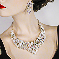 Large Statement Pearl Crystal Rhinestone Bib Necklace & Earring Set