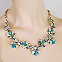 Faux Opal, Moonstone and Rhinestone Segment Necklace