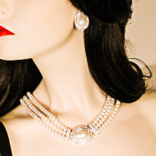 Three Strand Faux Pearl Necklace Clip Earrings Set