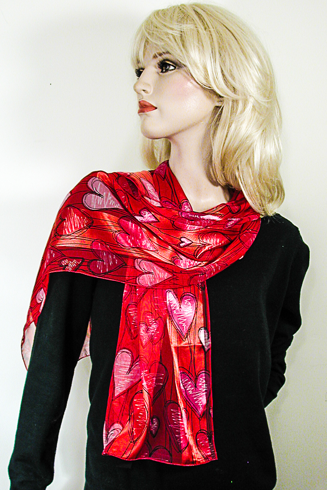 Long Silky Red Hearts Print Scarf Wrap Chifforn Satin Silk Feel , a fashion accessorie - Evening Elegance