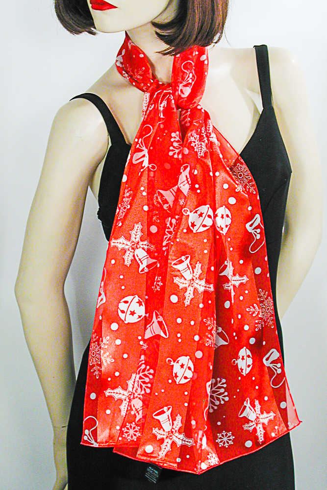 Red Long Silky Scarf with White Christmas Design, a fashion accessorie - Evening Elegance