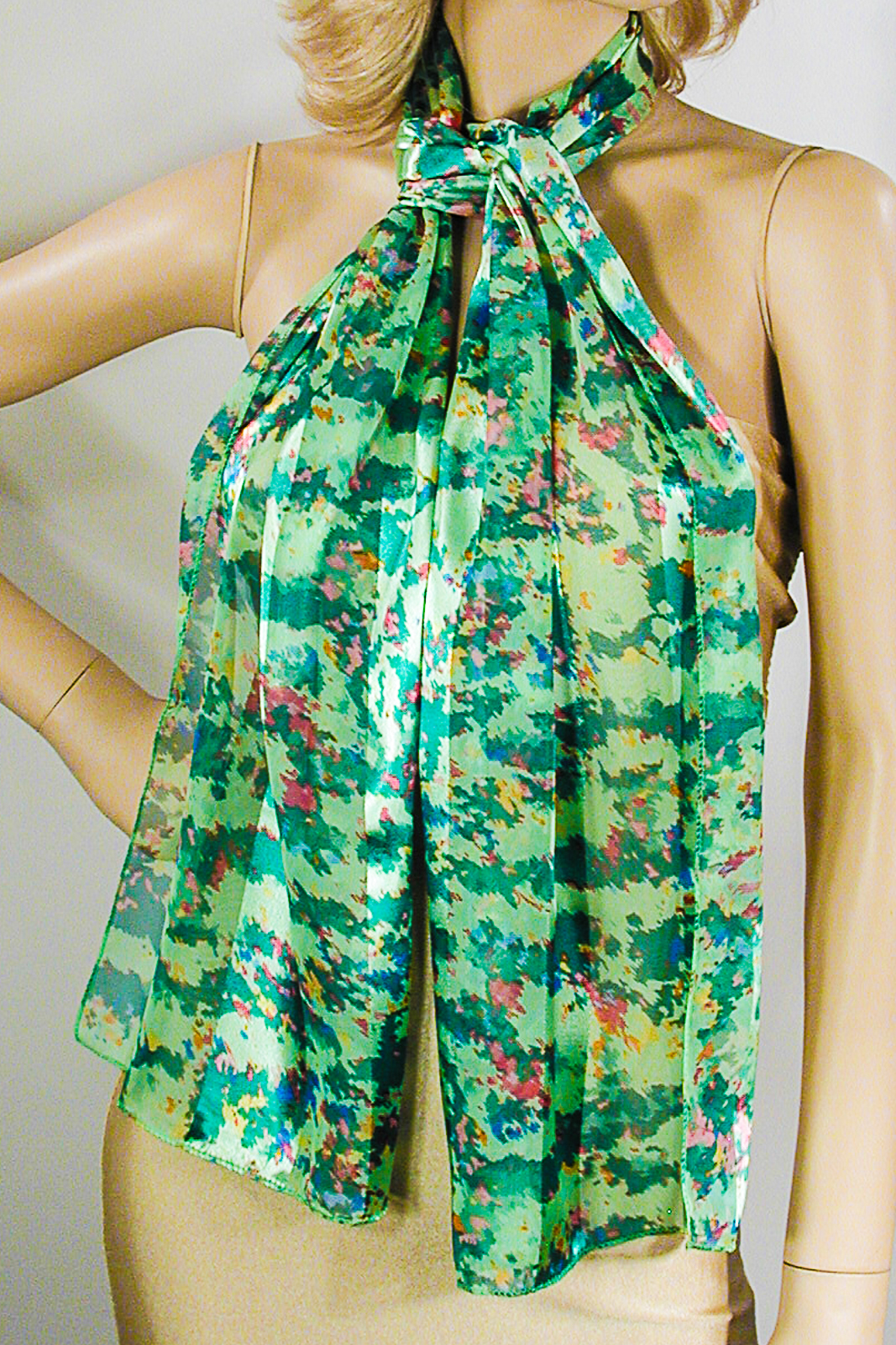 Green and Pink Long Silky Print Scarf, a fashion accessorie - Evening Elegance