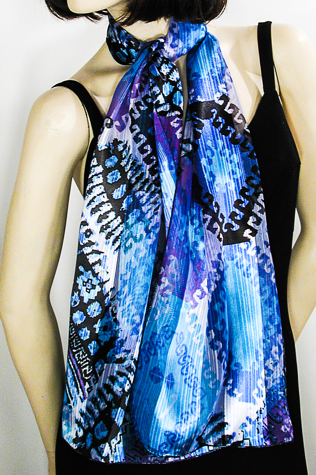 Blue, Turquoise, Purple Aqua Long Print Silk Scarf, a fashion accessorie - Evening Elegance