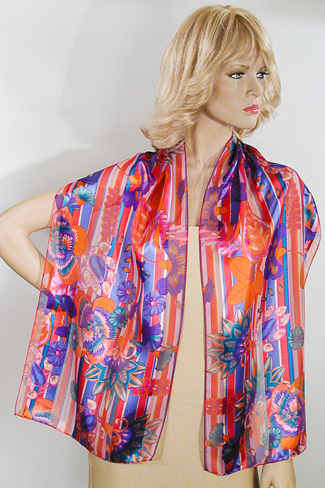 Red Blue Multi Flower Stripes Long Silky Oblong Scarf, a fashion accessorie - Evening Elegance