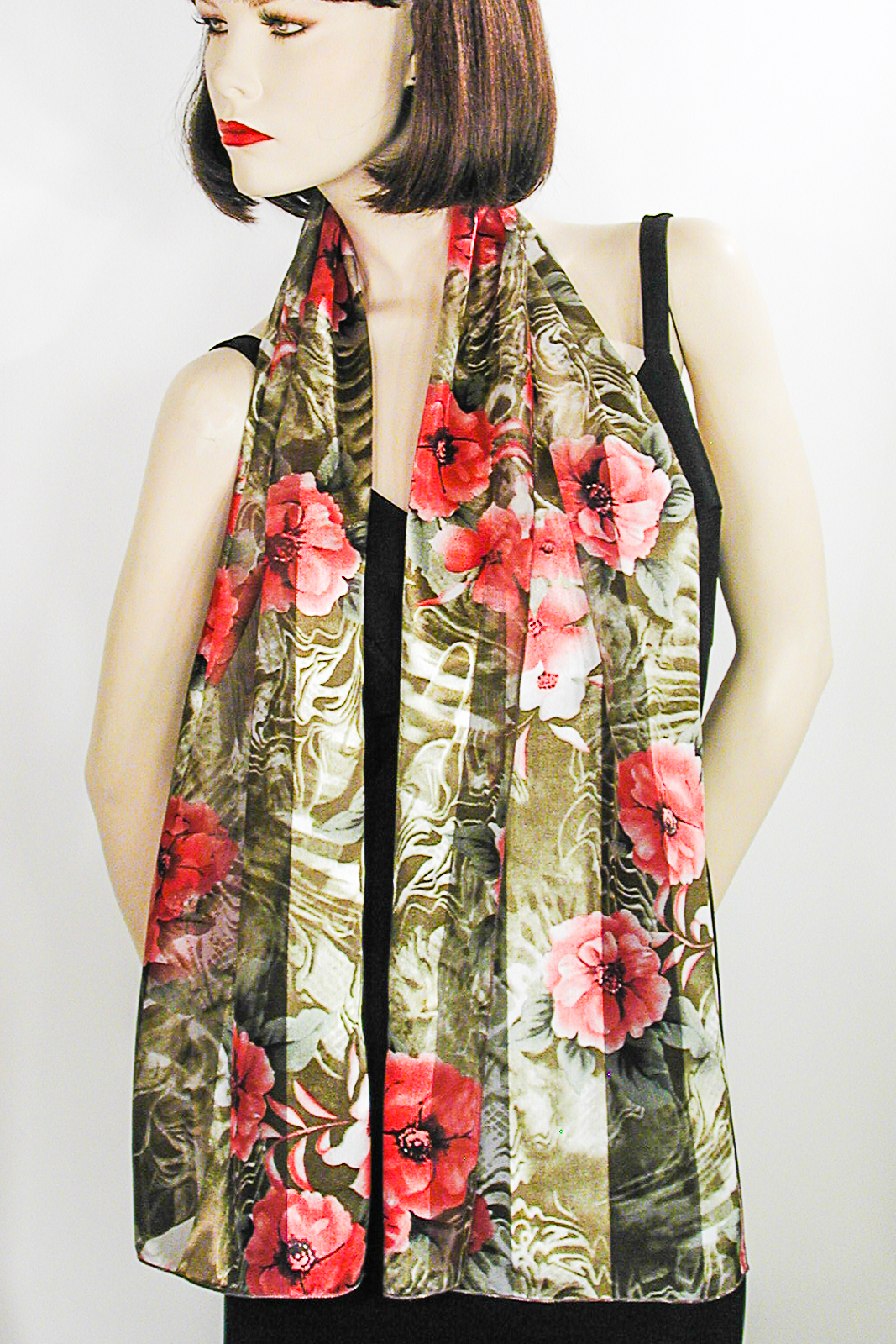 Hot Pink Flowers on Dark Green Background Print Silky Long Scarf, a fashion accessorie - Evening Elegance