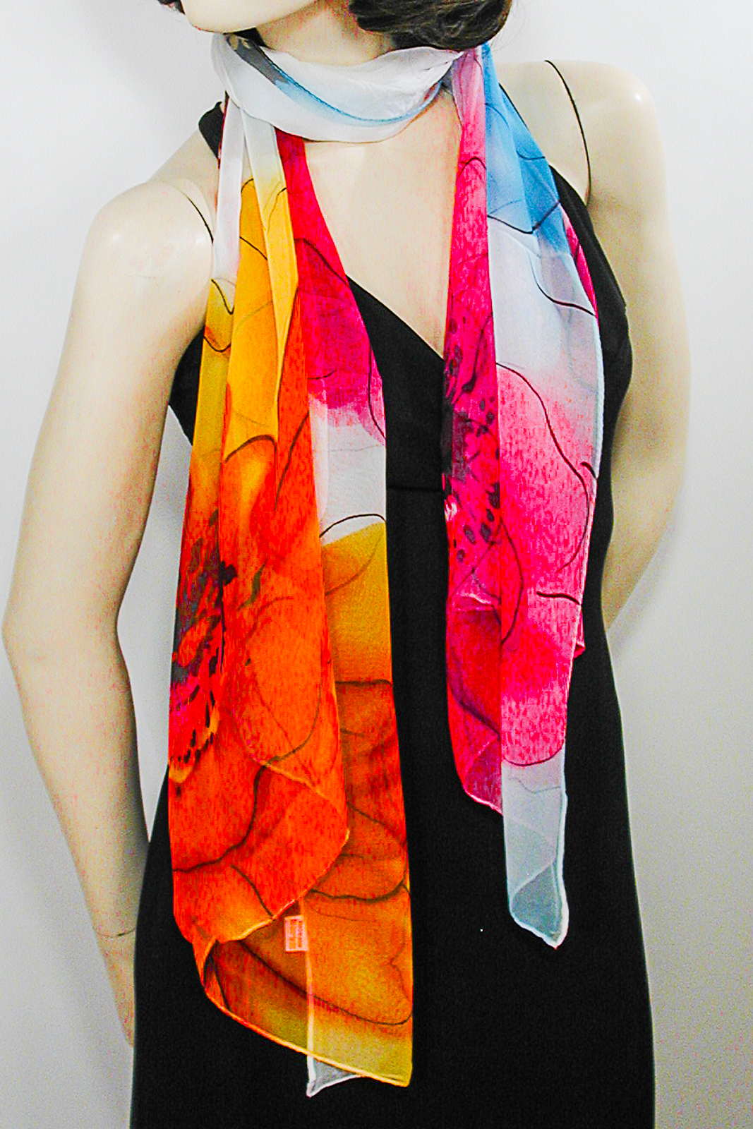 Long Soft Chiffon Scarf with Large Vibrant Flower Print, a fashion accessorie - Evening Elegance