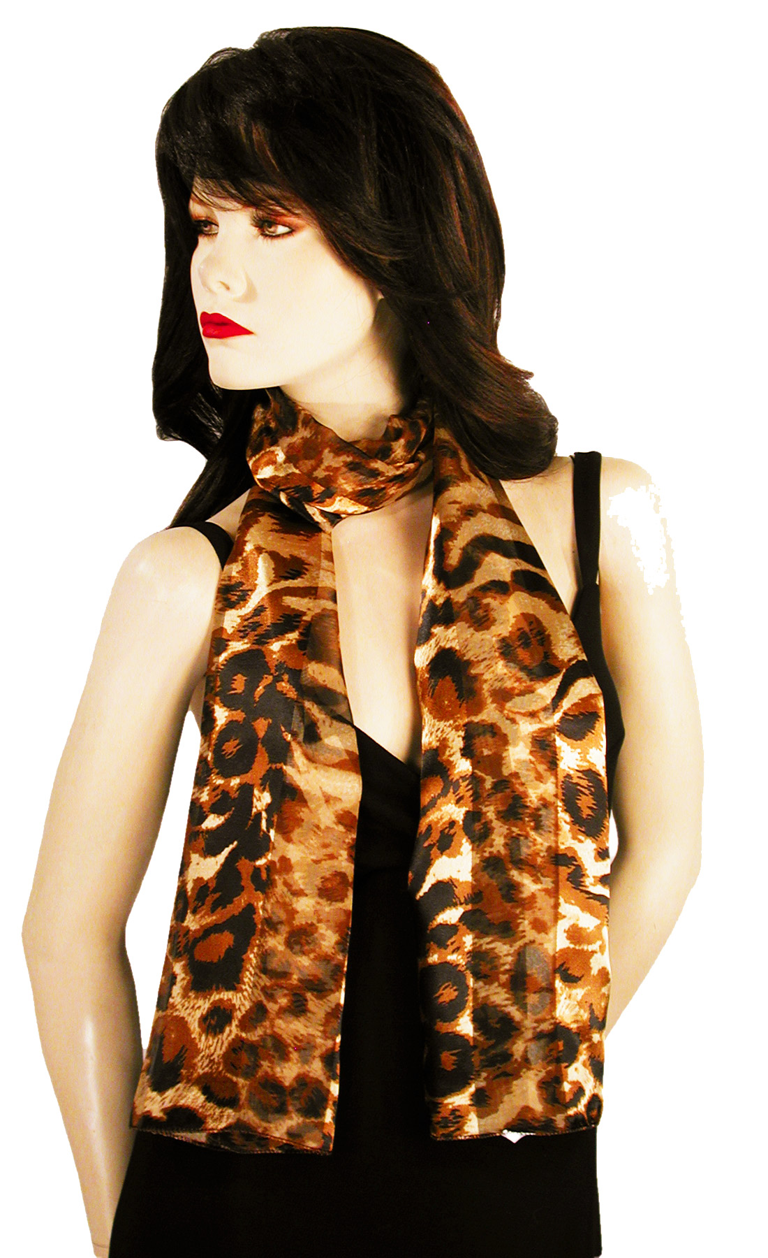 Brown and Black Wildcats Print Long Satin Chiffon Scarf, a fashion accessorie - Evening Elegance