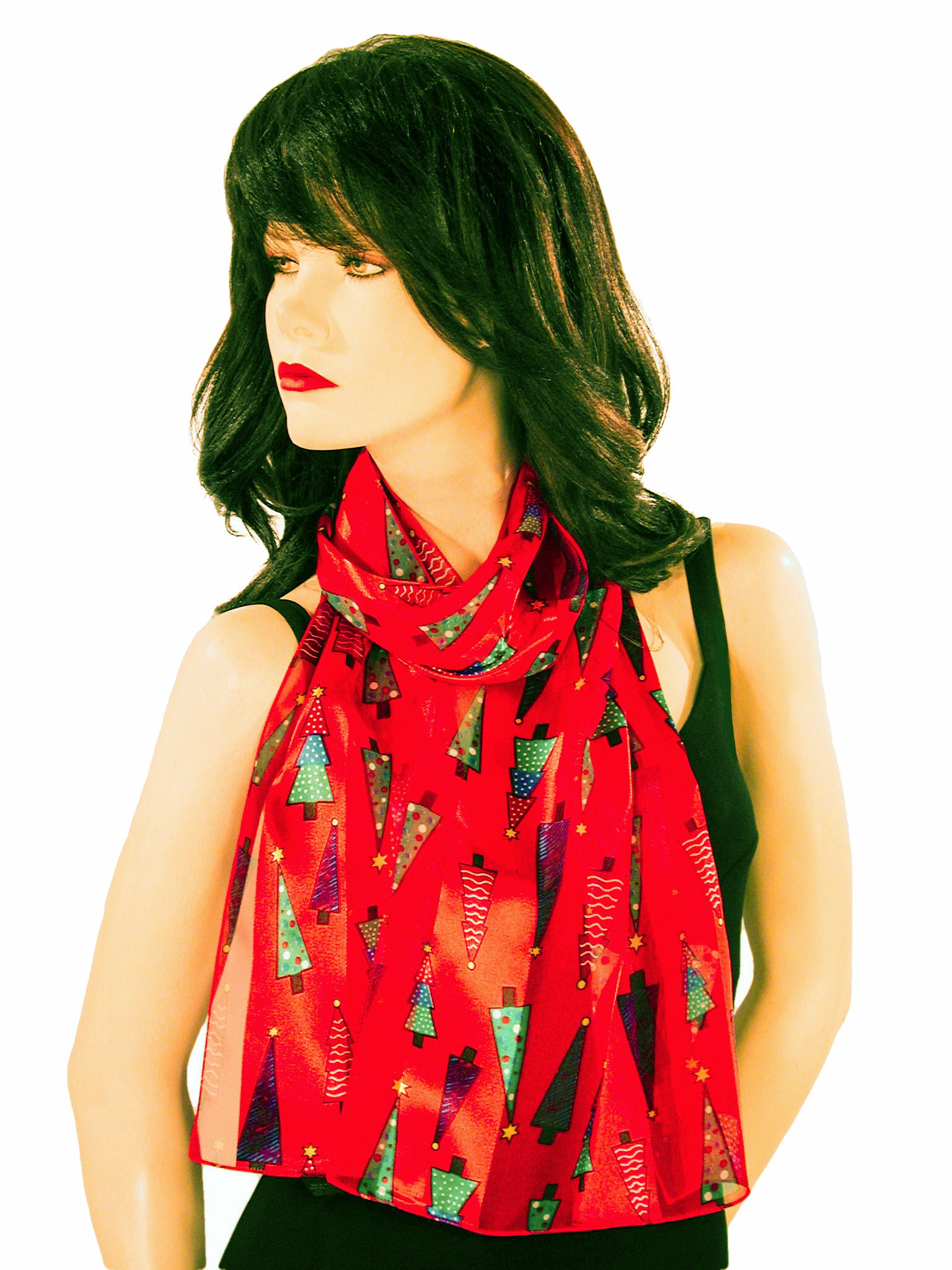 Red Christmas Tree Long Neck Scarf, a fashion accessorie - Evening Elegance