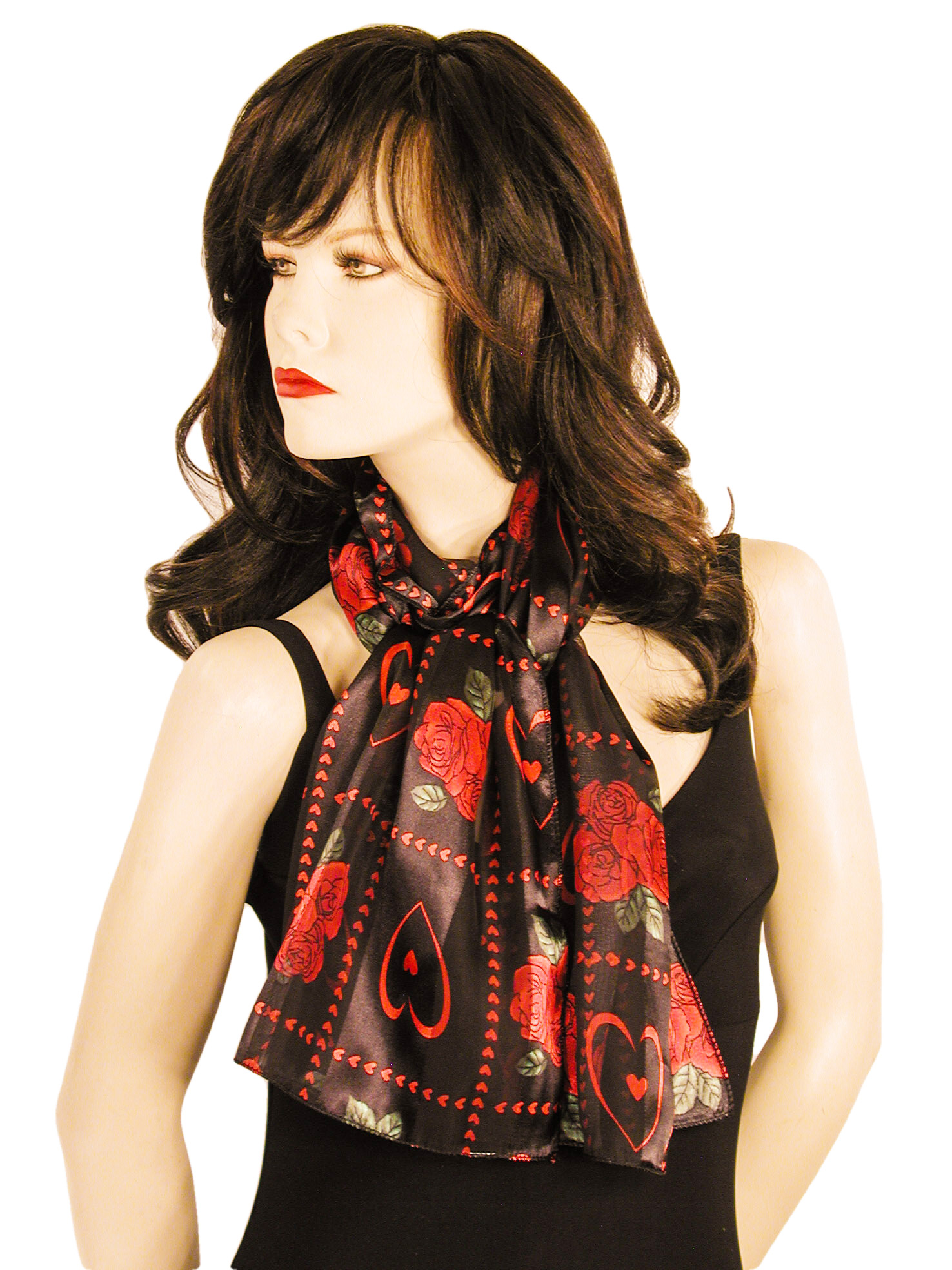 Roses and Hearts Oblone Satin Chiffon Scarf, a fashion accessorie - Evening Elegance