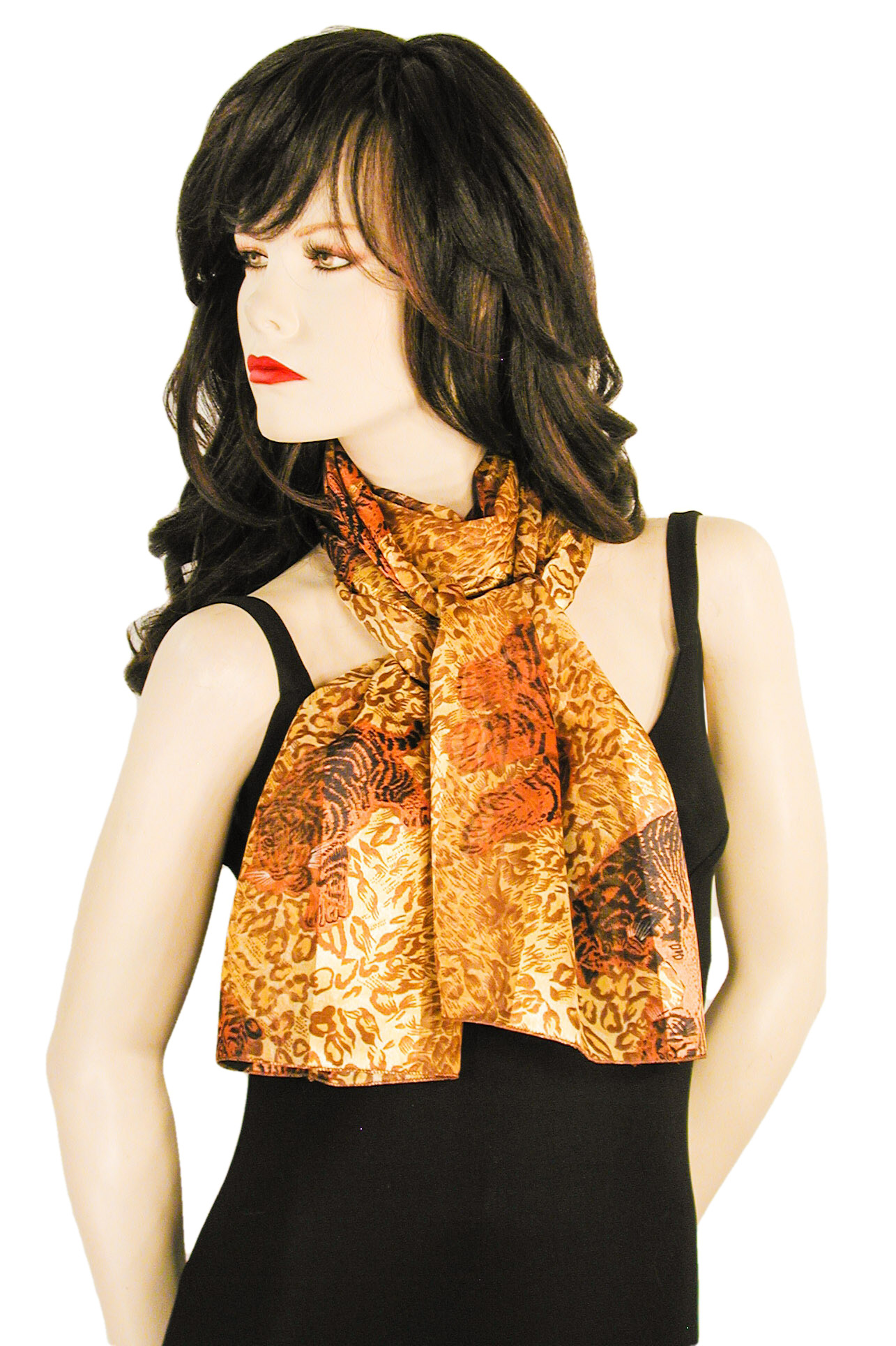 Tiger Animal Print Long Satin Chiddon Lightweight Neck Scarf, a fashion accessorie - Evening Elegance