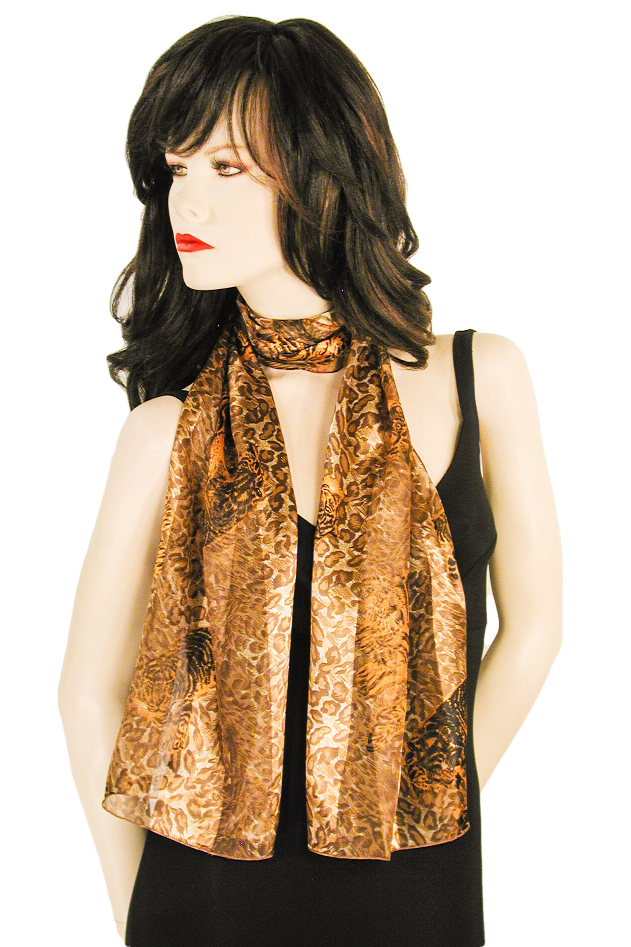 Tiger Animal Print Long Satin Chiddon Lightweight Neck Scarf, a fashion accessorie - Evening Elegance